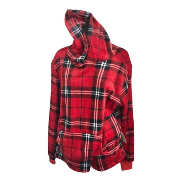 Red plaid 2piece velour hoodie and shorts set size small brand new - Picture 3 of 13